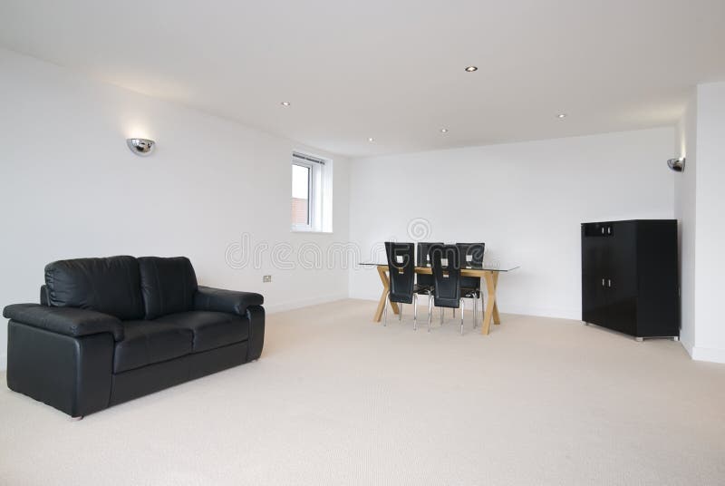 Spacious living room with black leather sofa