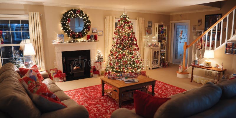 Spacious living room decorated with a Christmas tree and lit fireplace in the corner during daytime. royalty free stock photography