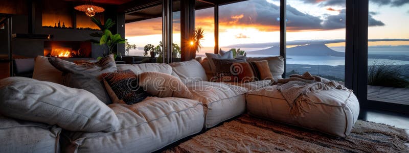 A spacious living room features a large white couch facing the fireplace in its corner The oceanview completes the scene royalty free stock photography