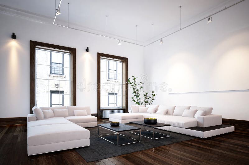 Spacious living room interior in modern apartment royalty free illustration Spacious living room interior in modern apartment royalty free illustration