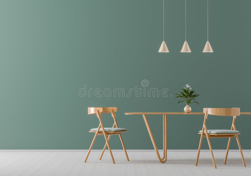 Spacious modern dining room with wooden chairs and table. Minimalist dining room design. 3D illustration royalty free illustration.