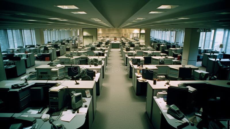 Spacious office filled with cubicles, computers, desks, and office chairs stock illustration