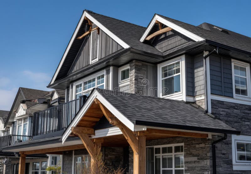 A spacious residence featuring numerous windows along with a gray roof stock image