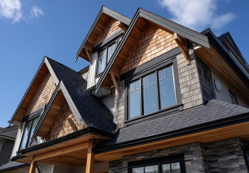 A spacious residence featuring numerous windows along with a gray roof royalty free stock photos