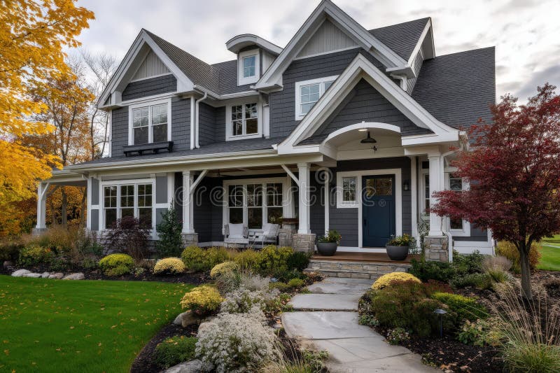 A spacious residence featuring numerous windows along with a gray roof stock photos
