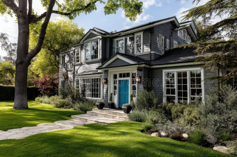 A spacious residence featuring numerous windows along with a gray roof stock photos