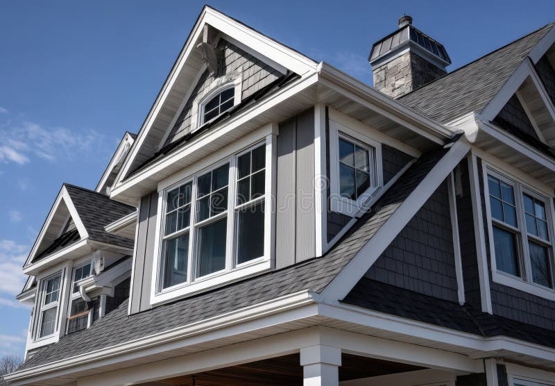A spacious residence featuring numerous windows along with a gray roof royalty free stock image