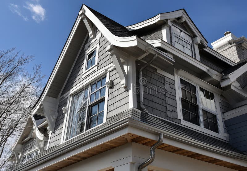 A spacious residence featuring numerous windows along with a gray roof stock image