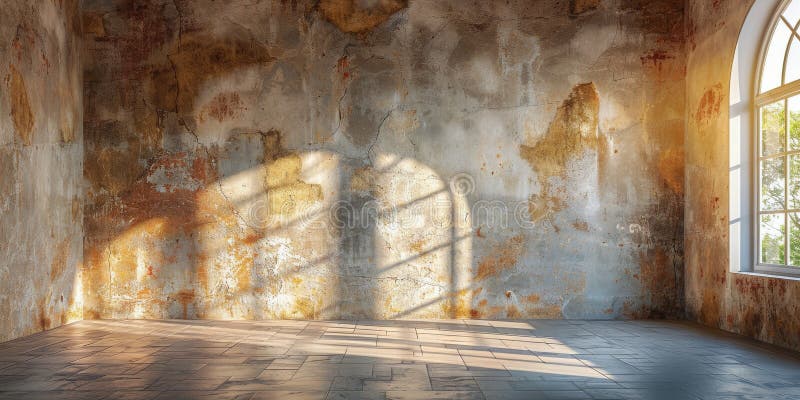 Spacious Room With Large Window and Stone Floor. An empty room with a large window, allowing natural light to filter in, and a stone floor. AI Generative AI generated