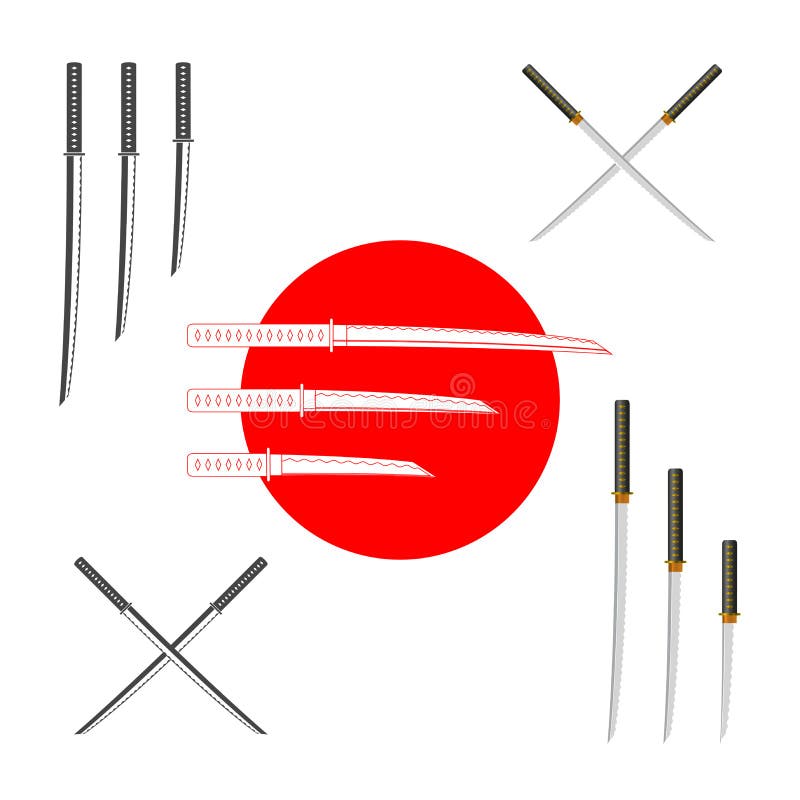 Spade giapponesi del samurai - variopinte e monocromatiche Insieme di elementi di progettazione di vettore per voi progettazione, illustrazione vettoriale Spade giapponesi del samurai - variopinte e monocromatiche Insieme di elementi di progettazione di vettore per voi progettazione, illustrazione vettoriale