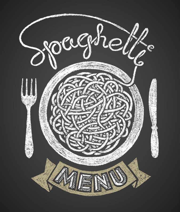 Spagettimeny som dras på den svart tavlan stock illustrationer Spagettimeny som dras på den svart tavlan stock illustrationer