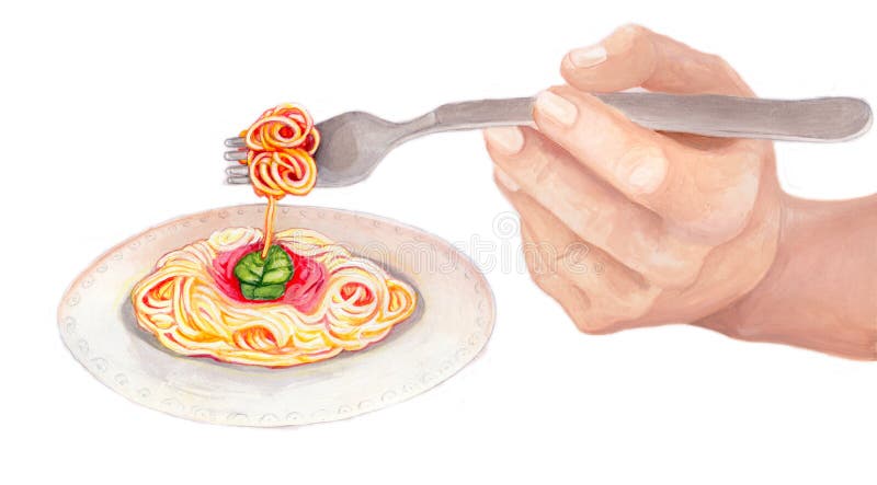 Ilustrácia tanier špagiet realizované s ceruzkou a akrylové farby.