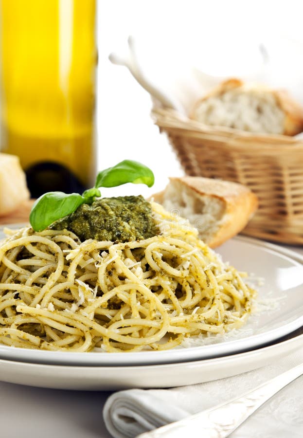 Spaghetti Alla Genovese Dish on Table Close Up Stock Image Image of