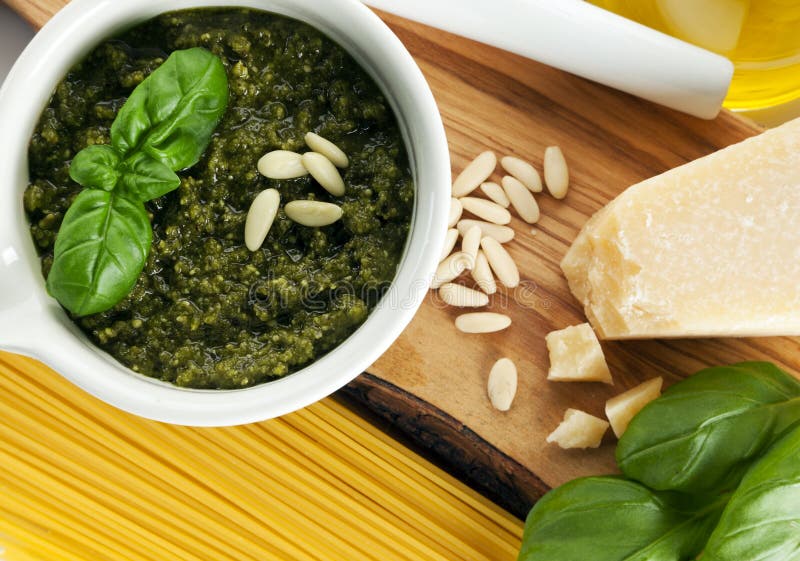 Spaghetti Alla Genovese Ingredients Stock Photo Image of cheese, pestle 19042776