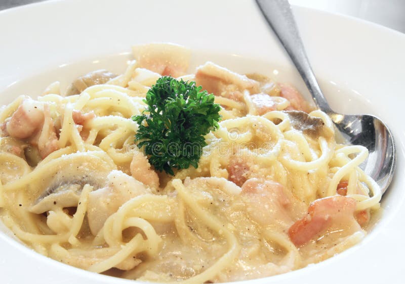 Spaghetti Bacon with Cream Sauce in White Dish Stock Image Image of