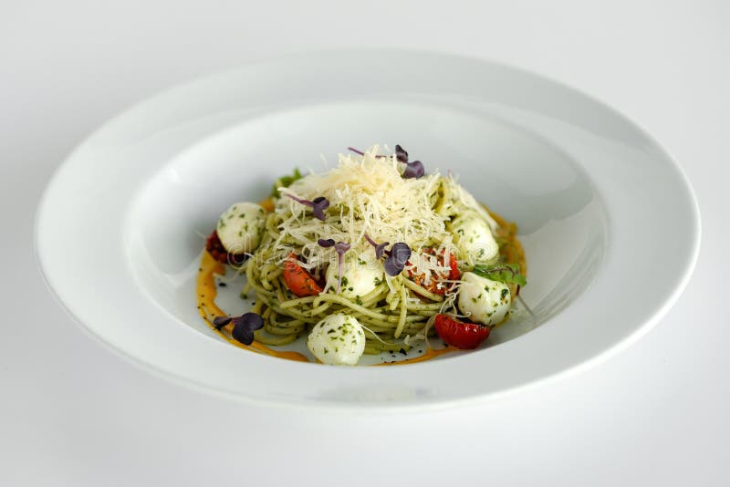 Spaghetti with Basil and Mozzarella Cheese Stock Photo Image of