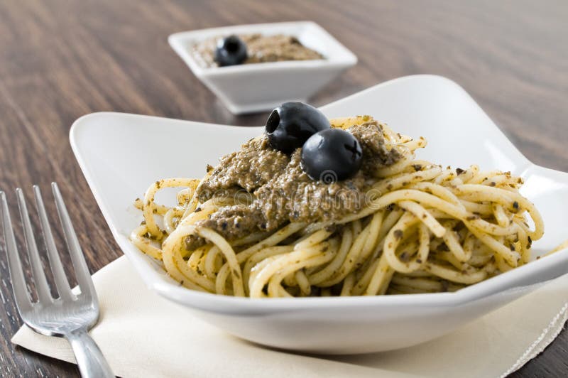 Spaghetti with Black Olive Pesto. Stock Image Image of culinary