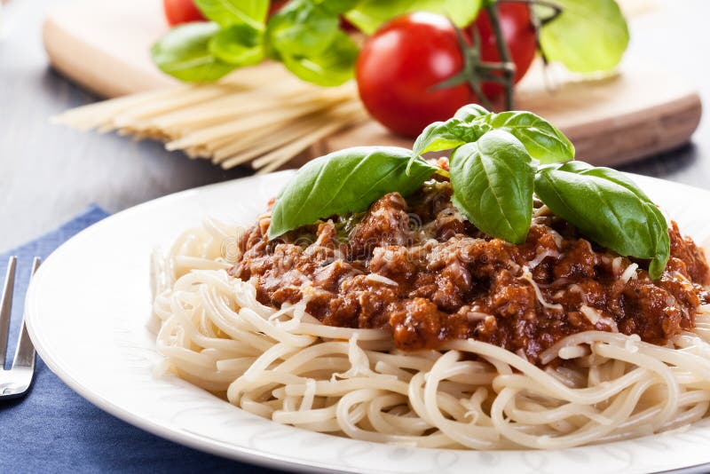 Spaghetti Bolognese with Cheese and Basil Stock Image Image of