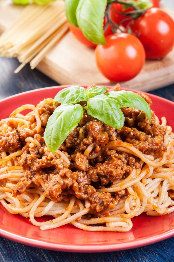 Spaghetti Bolognese with Cheese and Basil Stock Image Image of