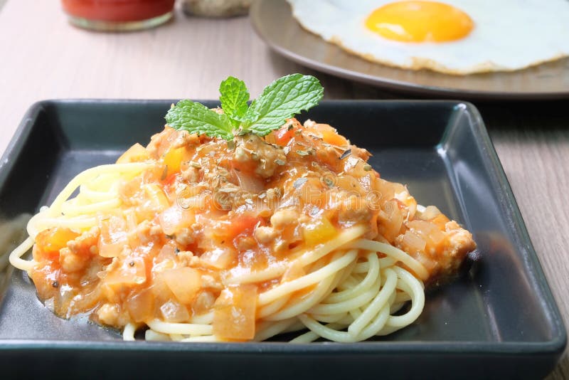 Spaghetti Bolognese with Fried Egg Stock Photo Image of bolognese