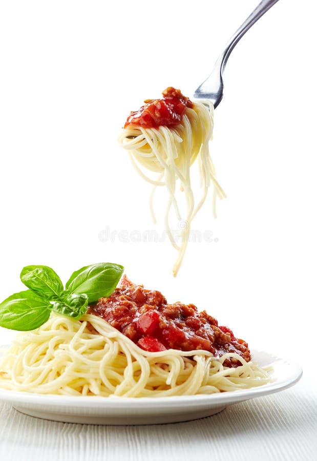 Spaghetti Bolognese and Green Basil Leaf Stock Image Image of lunch