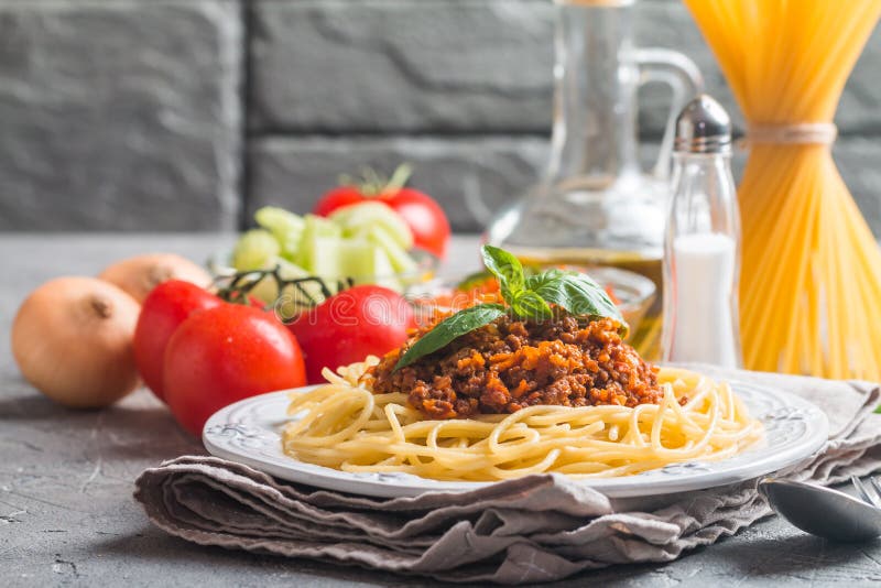 Spaghetti Bolognese With Ingredients Stock Image Image of meat, lunch