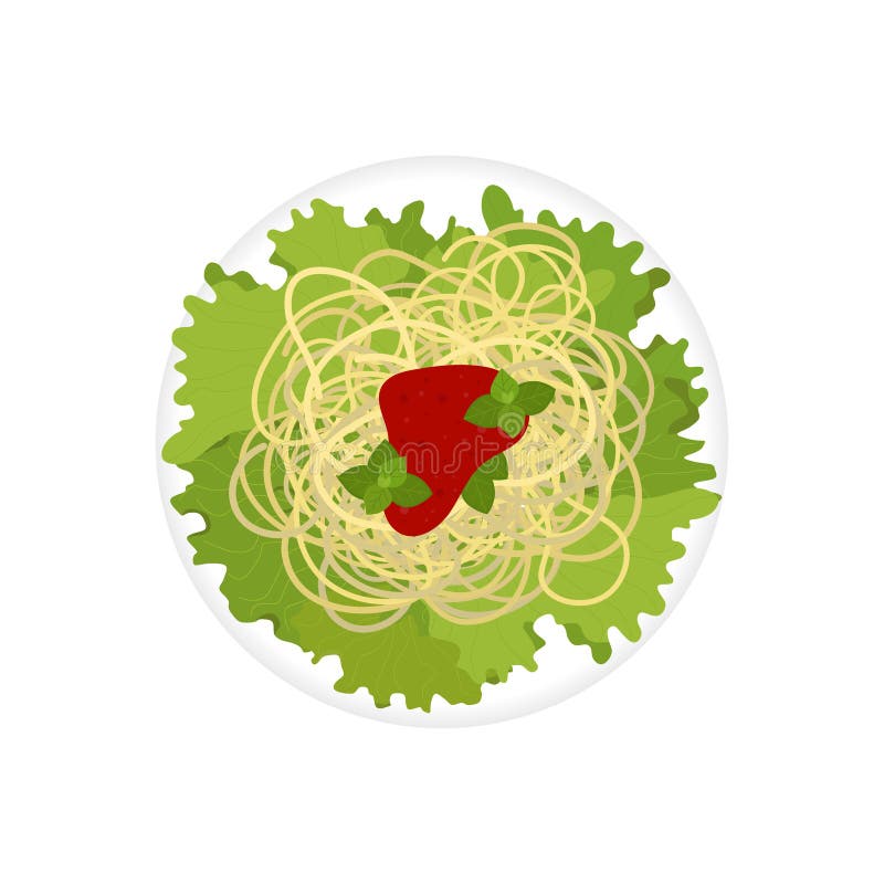 Spaghetti Bolognese on Lettuce Leaves with Basil and Tomato Paste on a