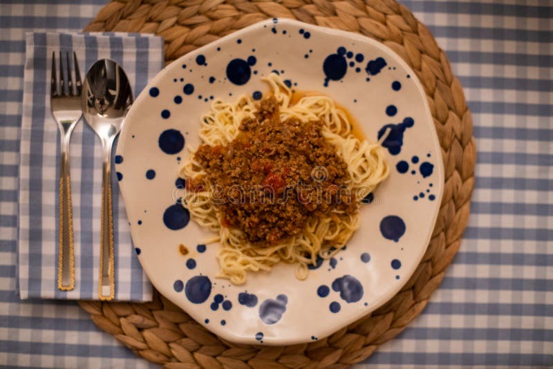 Spaghetti Bolognese Served with Wine Stock Image Image of bolognese