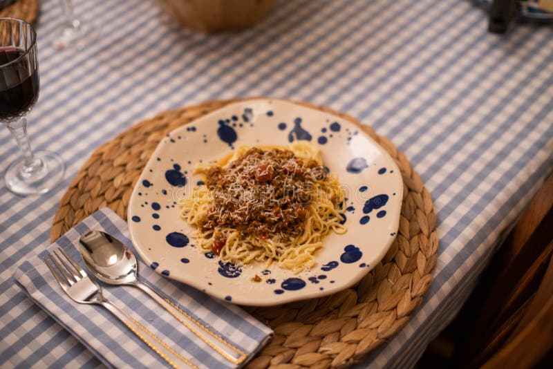 Spaghetti Bolognese Served with Wine Stock Photo Image of bolognese
