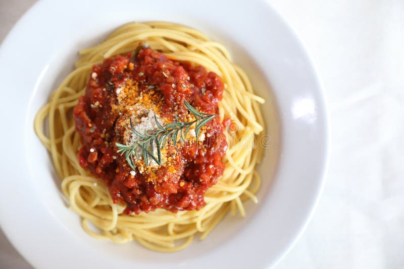 Spaghetti bolognese tomato sauce with bread , italian food