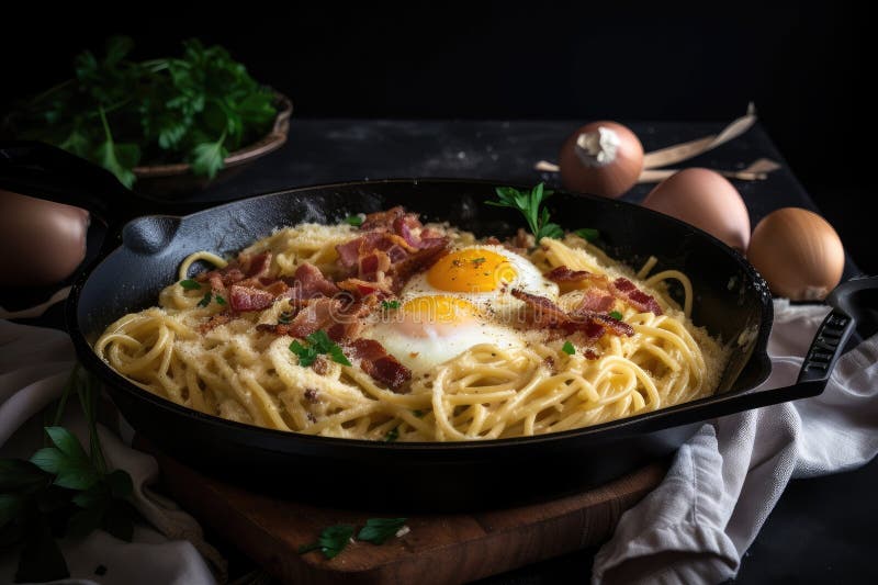 Spaghetti Carbonara in a Black Cast Iron Skillet, with Eggs, Cheese and