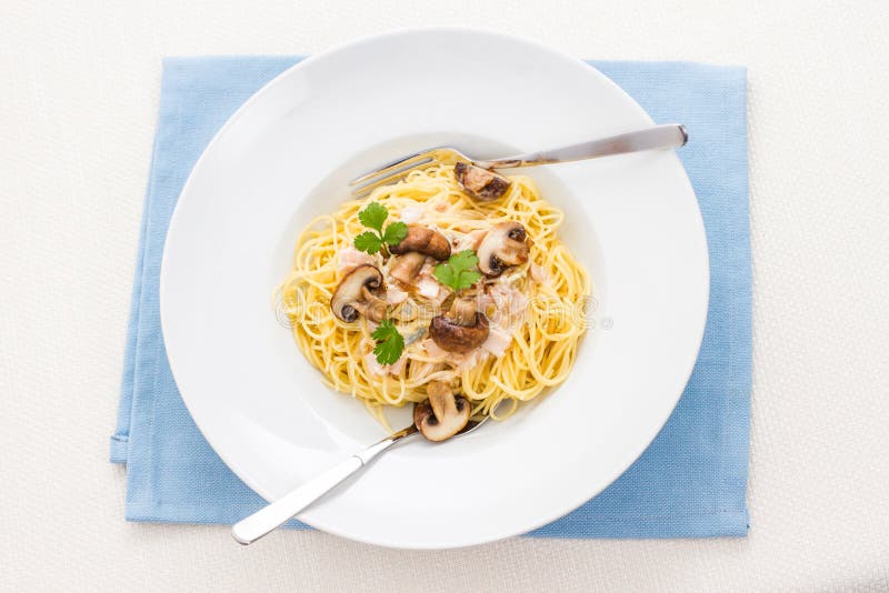Spaghetti Carbonara with Brown Mushroom Stock Photo Image of