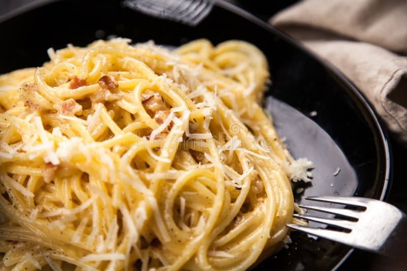Spaghetti Carbonara with Egg and Pancetta Stock Photo Image of