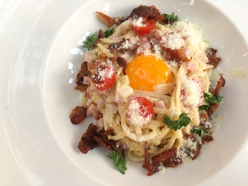 Spaghetti Carbonara with Parmesan Cheese and Yolk Egg Stock Image