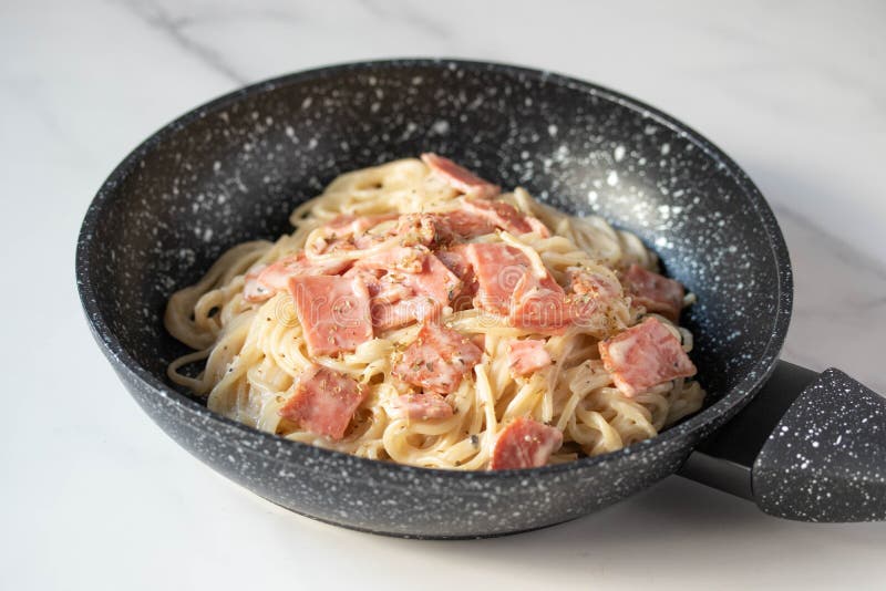 Spaghetti Carbonara with Ham and Oregano Stock Photo Image of italian
