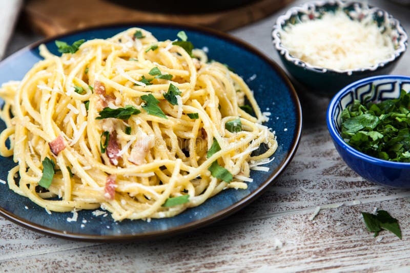 Spaghetti Carbonara with Egg and Pancetta Stock Photo Image of