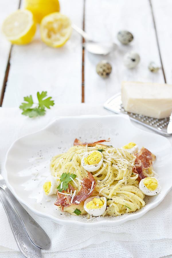 Italian Food Pasta Carbonara on the Table. Horizontal Top View Stock