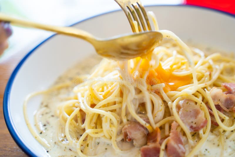 Spaghetti Carbonara Serve with Fresh Egg Stock Image Image of