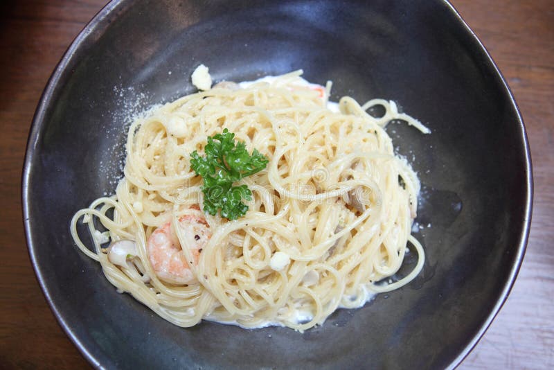 Spaghetti Carbonara with Shrimp Stock Photo Image of eggs, fresh