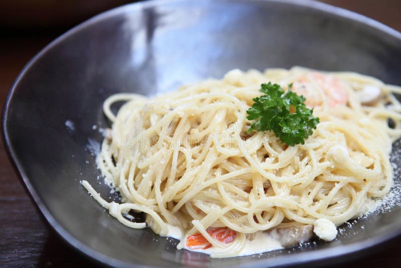 Spaghetti Carbonara with Shrimp Stock Image Image of fork, cuisine