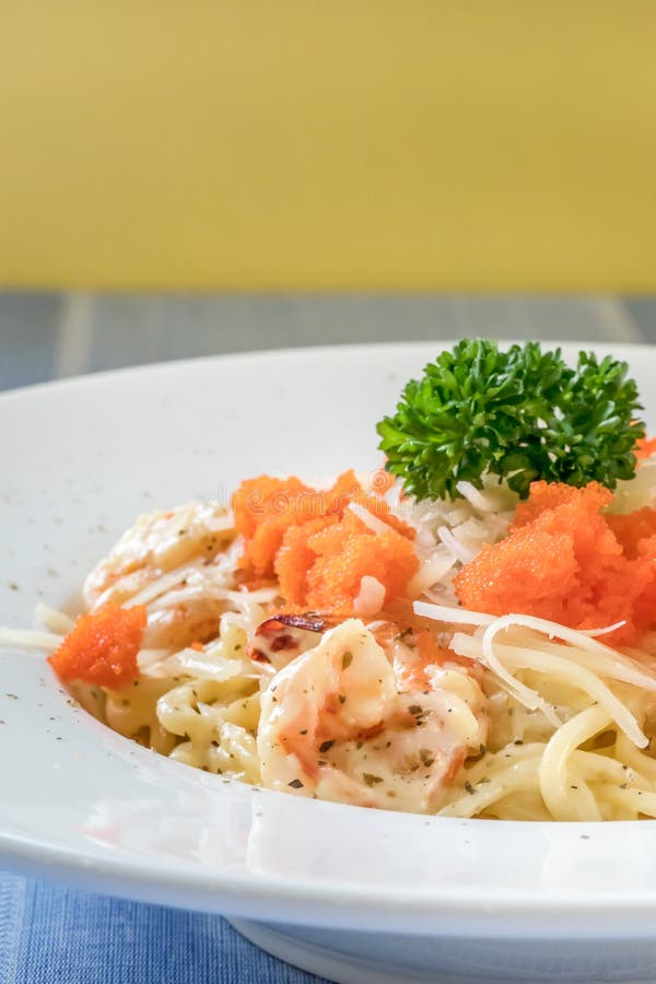 Spaghetti Carbonara with Shrimp Stock Image Image of dish, food
