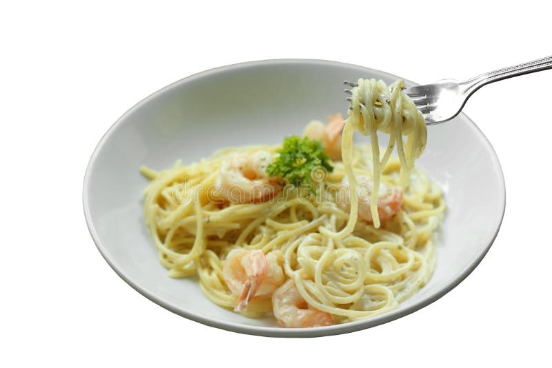 Spaghetti Carbonara or White Cream Sauce Pasta with Shrimp Stock Image