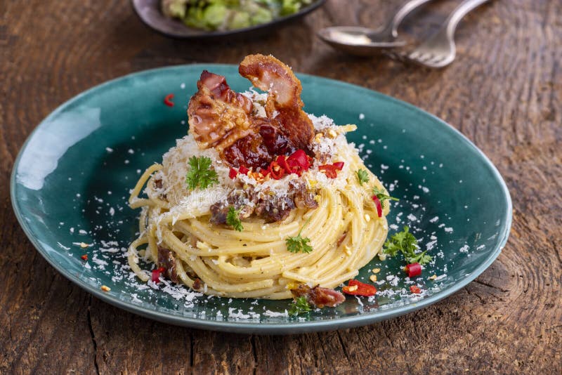 Spaghetti Carbonara on Wood Stock Image Image of italy, carbonara 259310527