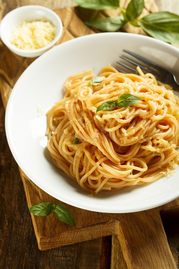 Spaghetti with Cheese and Fresh Basil Stock Photo Image of cheese