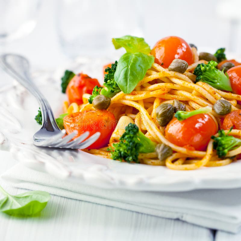 Spaghetti with Cherry Tomato and Capers Stock Image Image of pasta