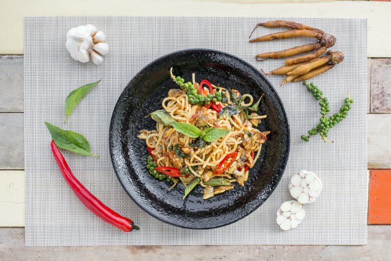 Spaghetti with Clams, Fried with Chili Paste Stock Photo Image of