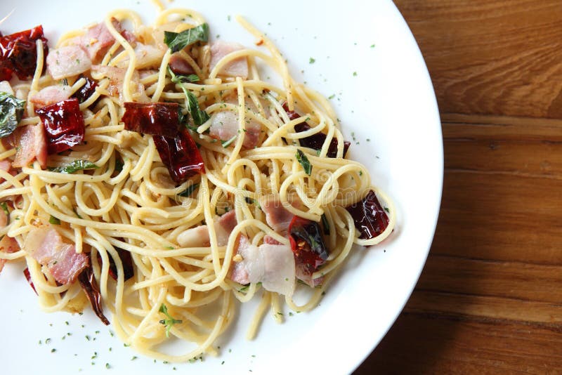 Spaghetti with Dried Chilli and Bacon Stock Image Image of salt