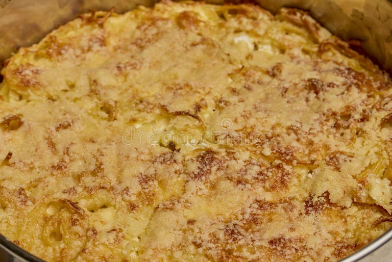 Spaghetti with Egg and Parmesan Cheese Cooked in the Oven Stock Image