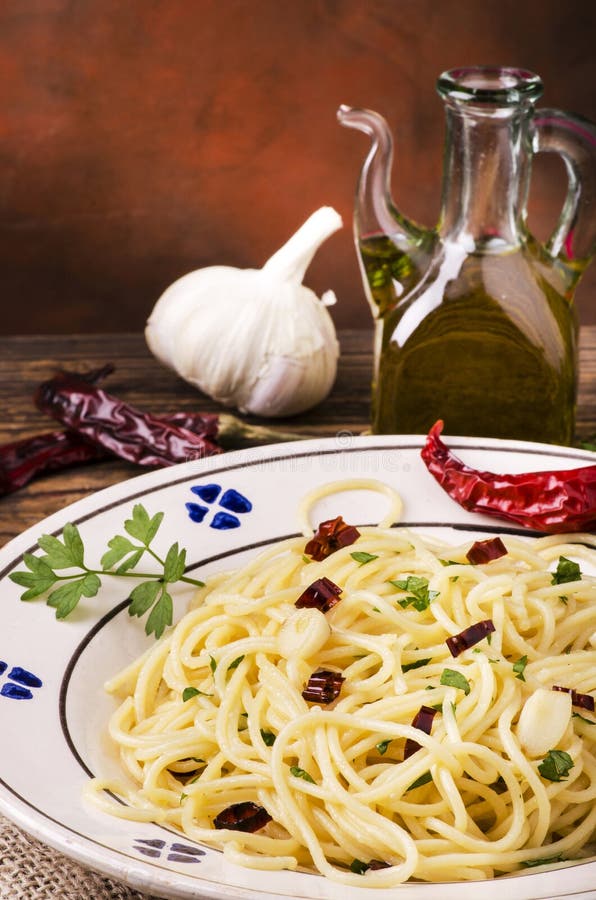 Spaghetti with Garlic, Oil and Spicy Chili Stock Image - Image of ...