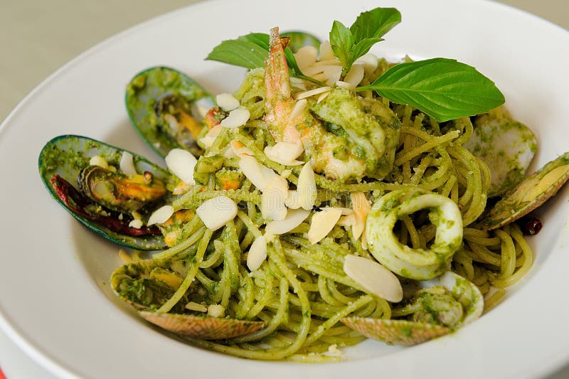 Spaghetti Genovese with Seafood Stock Image Image of tomato, pasta